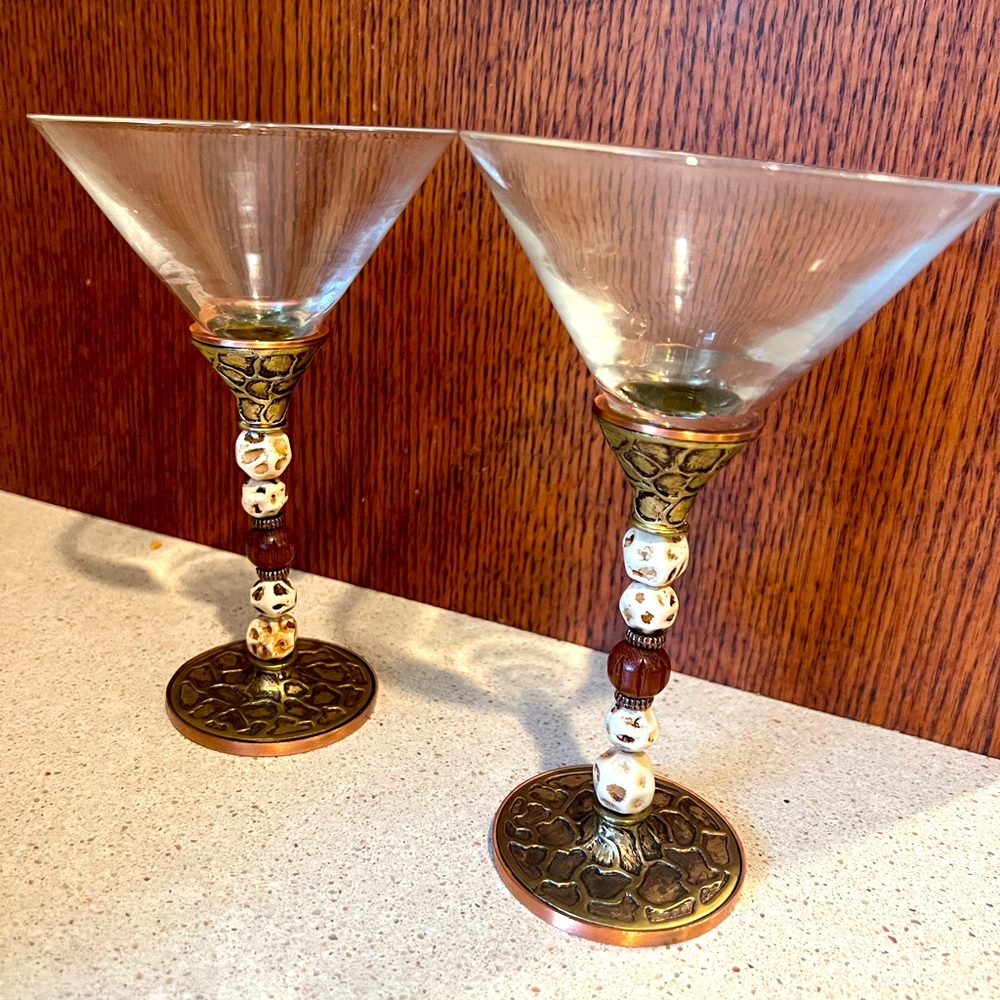 2 Saints African Safari 🦓 Brass and stone Martini Glasses 🐆 🖤💛🤎